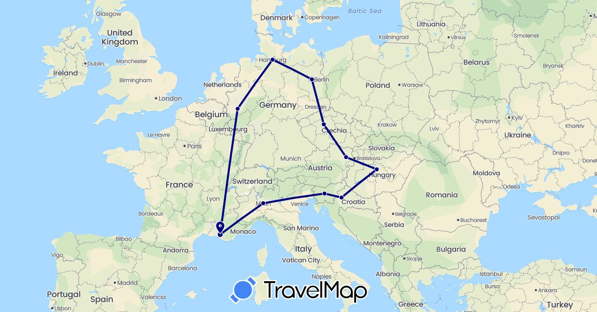 TravelMap itinerary: driving in Austria, Czech Republic, Germany, France, Croatia, Hungary, Italy, Slovenia (Europe)